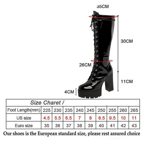 Läder Knähöga, snörning plattform boots för damer black shoes 4.5