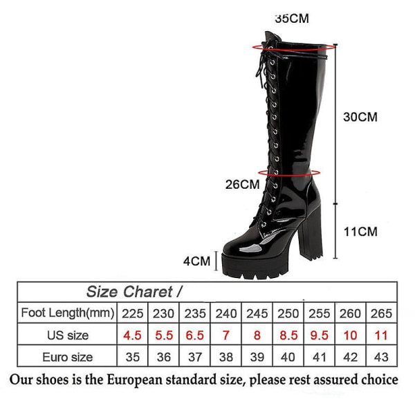 Läder Knähöga, snörning plattform boots för damer black shoes 8.5