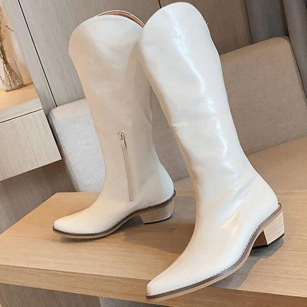 Vinter Western Cowboy Långa Dam Stövlar med Spetsig Tå i Läder White 8