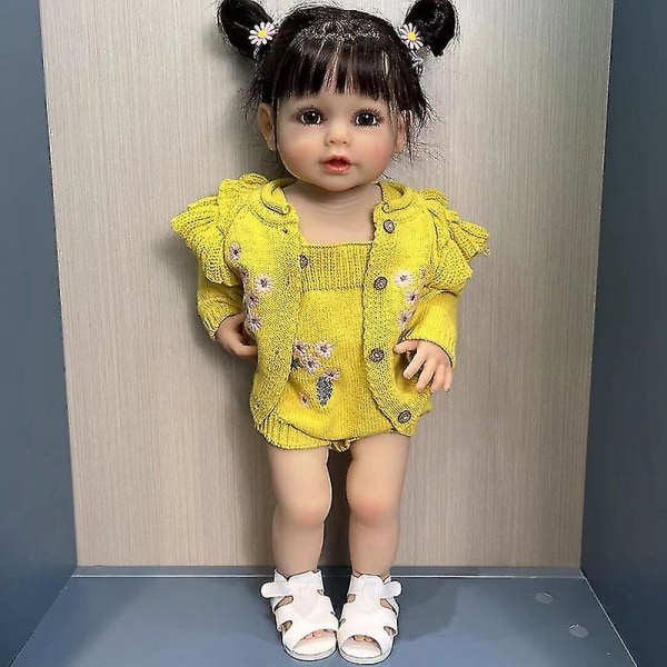 55 cm helkroppsmjuk silikon Vinyl Reborn Toddler Girl Docka Svart hår Verklighetstrogna Riktigt Baby Doll Julklapp till flicka