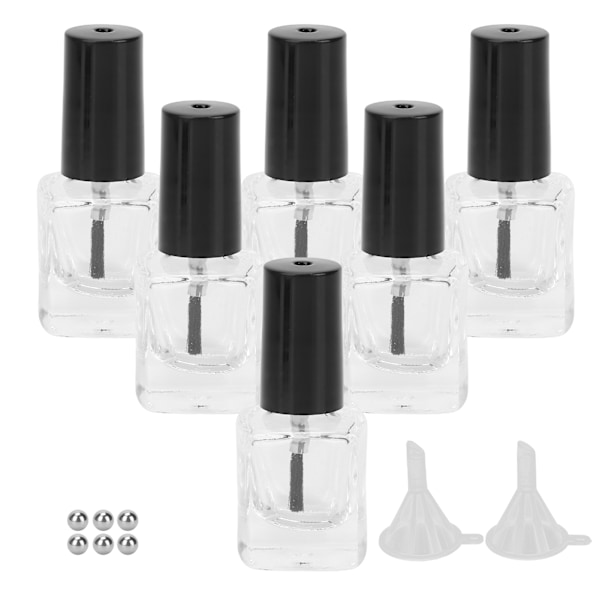 6 st Tomma Nagellacksflaskor i Glas Konst Klar med Borstlock Tratt Stålkula