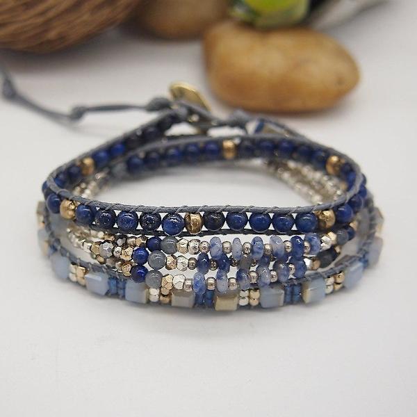 Sodalite Lapis Lazuli Triple Strands 5 Wraps Bohemian Beadwork Armband