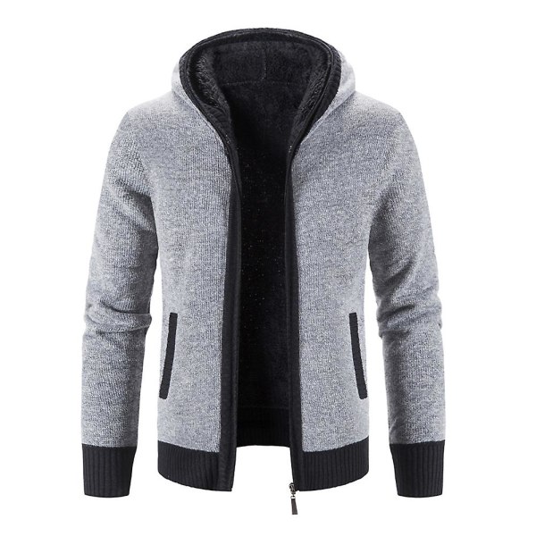 Casual Slim Full Zip Tjock Stickad Huv Cardigan Sweaters för män grå L