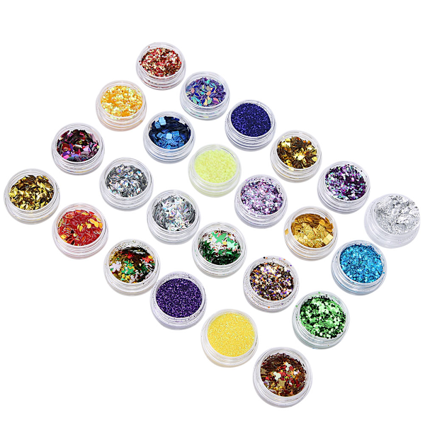 24 Flaskor Nagelglitter Pulver Paljetter Konst DIY Färgglada Flakdekorationer