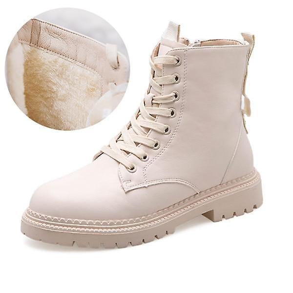 Platta skor med dragkedja, Högklackade damstövlar i PU-läder Beige With Plush 4