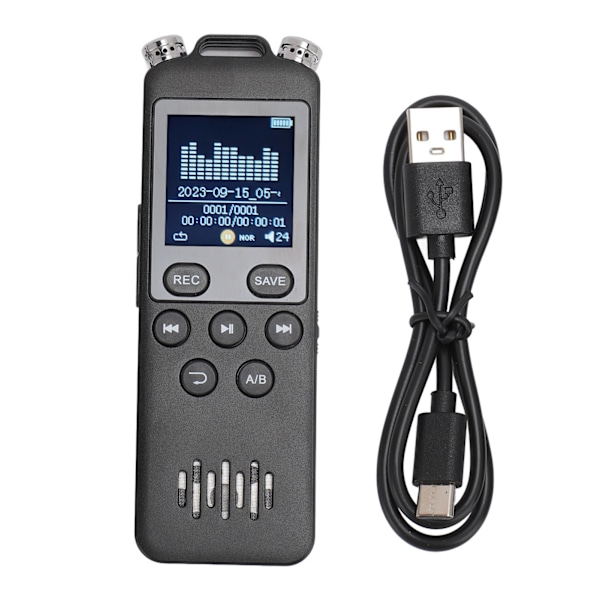 Röstaktiverad Diktafon 1.44 tum Färgskärm WAV MP3-spelare Upprepningsfunktion 1536Kbps Digital Diktafon för Möte Intervju 16GB