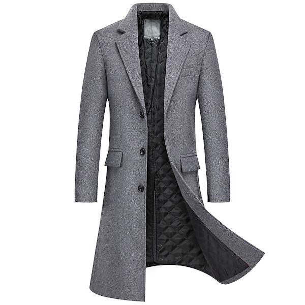 Lång trenchcoat för män Notch Lapel Enkelknäppt överrock grå S