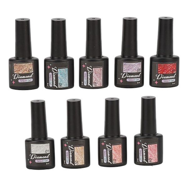9 st Glitter Gel Nagellack Set 8ml Flerfärgade Diamantnaglar för DIY Konstdesign