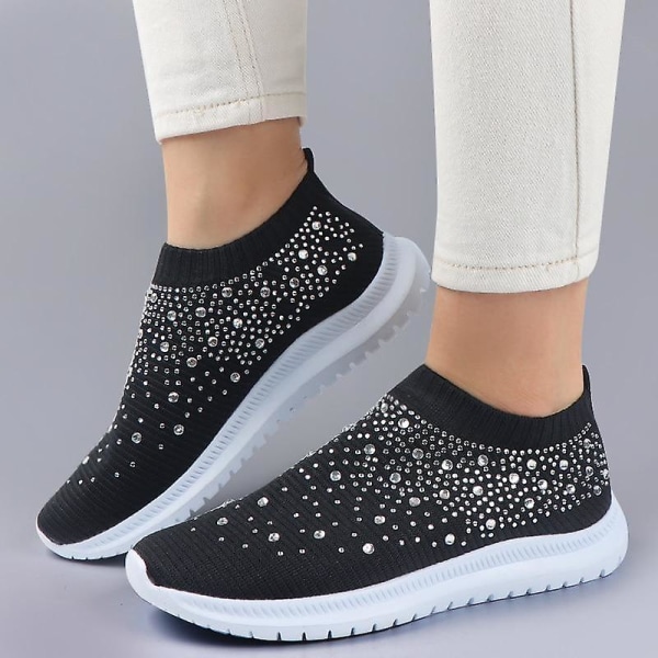 Women Trainers Stickade Slip-on Sock Skor / Sneakers WHITE 9