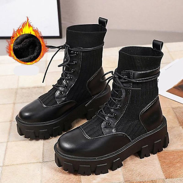 Nakenstövlar i mjukt läder, vintersko för kvinnor Black1 with plush 8.5
