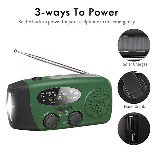Portabel Nödradio med Solpanel och Handvev 1000mah, Nödradio med LED-ficklampa SOS-alarm Handvevsradio för utomhusnöd