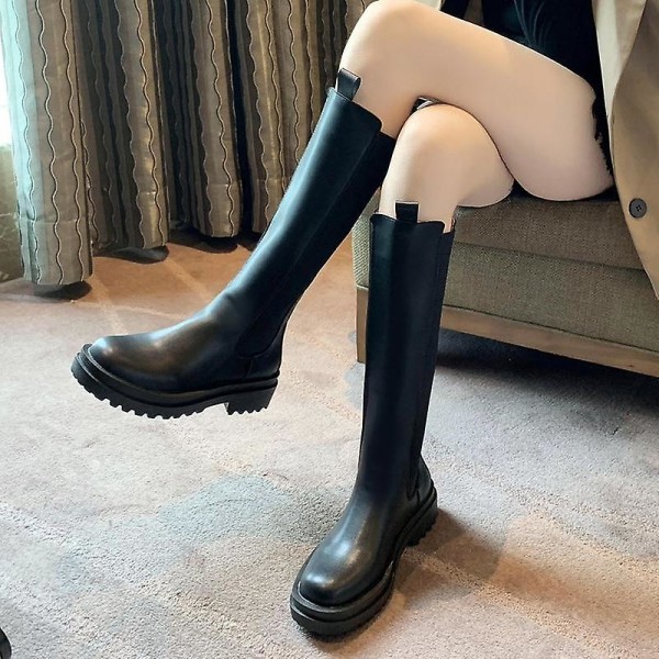 Mode Pu Läder Platform Knähöga stövlar BLACK 37 /