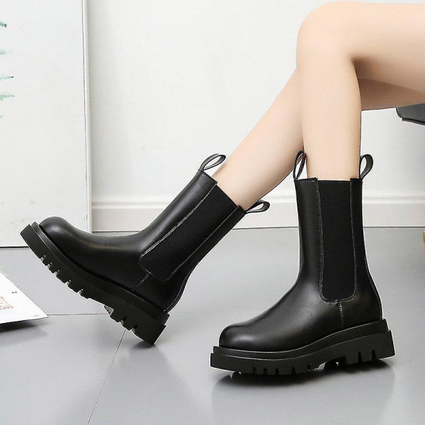 Kvinnor läder Chunky Winter Platform Ankel Boots 811black 37