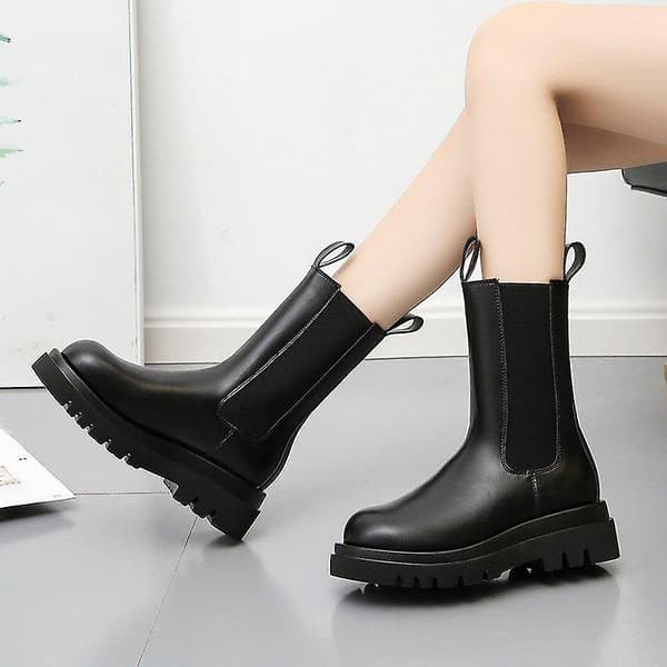 Kvinnor läder Chunky Winter Platform Ankel Boots 812black 39