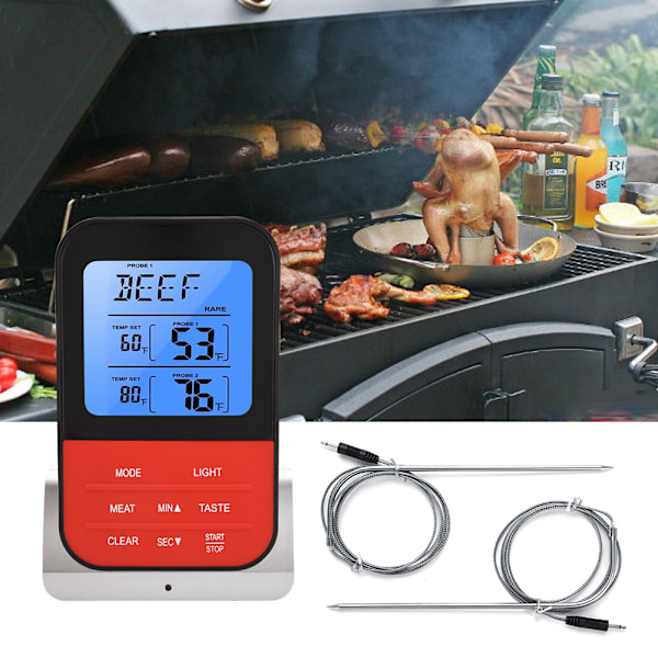 LCD Digital Mattermometer med Dubbla Probsensorer Timer för Matlagning Bakning BBQ (Silverbas)