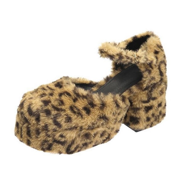 Leopard Päls Pumps-skor för kvinnor med rund tå BLACK 2 35