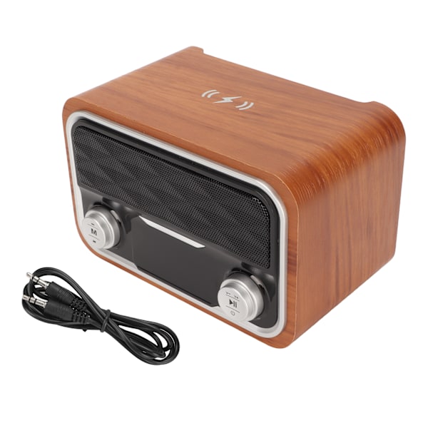 Retro Bluetooth Högtalare FM Radio Klockfunktion Multi Input Vintage Högtalare med Trådlös Laddare för Sovrum