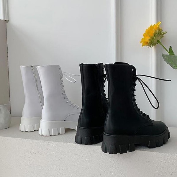 Nya Mid Calf Boots. Kvinnor Höst Vinter Snörning Dragkedja Botas White 35