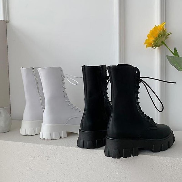 Nya Mid Calf Boots. Kvinnor Höst Vinter Snörning Dragkedja Botas White 40