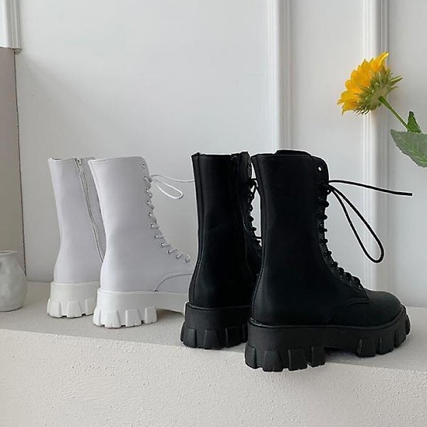 Nya Mid Calf Boots. Kvinnor Höst Vinter Snörning Dragkedja Botas White 40