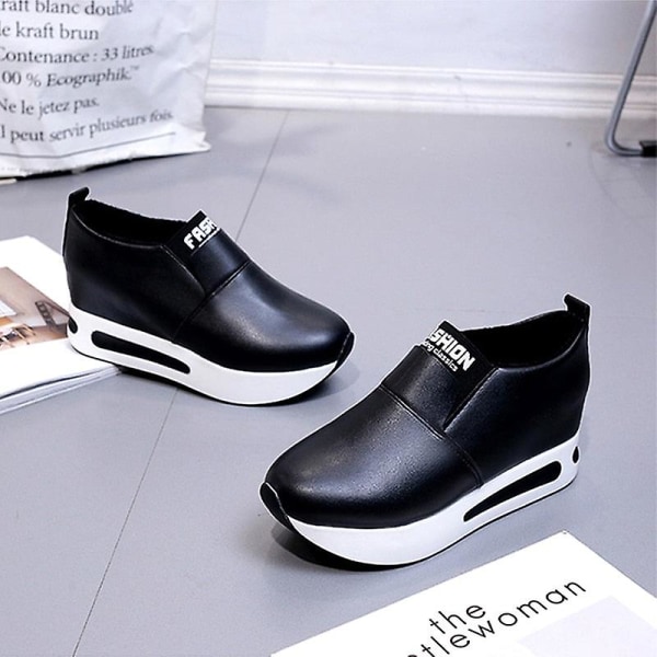 Casual Platform Dam Sport Flock Slip-on Sneakers Leather black 8.5