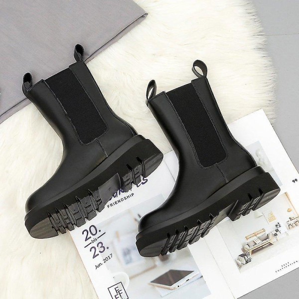 Kvinnor läder Chunky Winter Platform Ankel Boots 811black 37