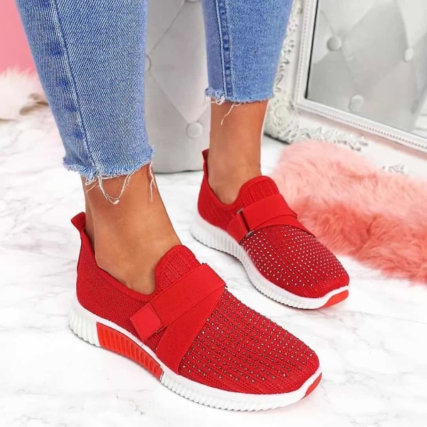 Kvinnor Casual Spring Crystal Solid Mesh Sneakers red 43