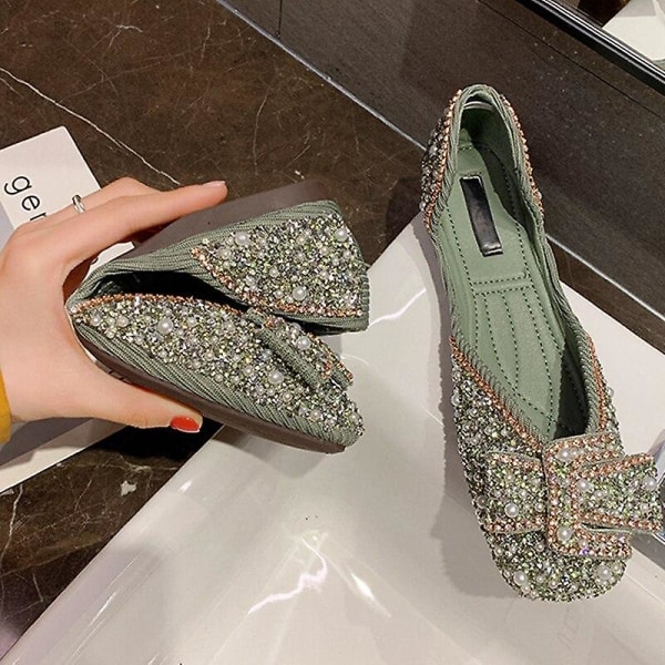 Mode Bling Rhinestone Bow-knot Slip On Casual Flat Shoes Green 37