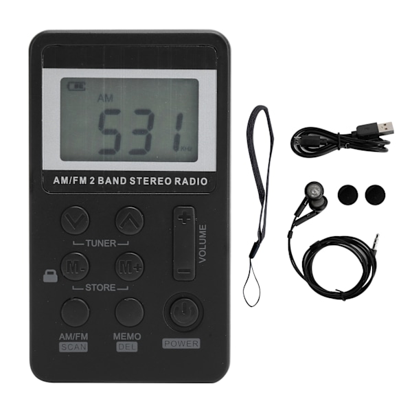 QQT103 Professionell Radio Mini Bärbar FM/AM Stereomottagare LCD-Skärm med Hörlurar Svart