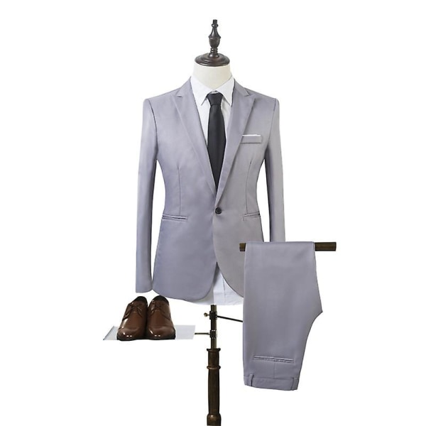 Män 2-delad Business formell kostym Set Slim Fit Blazer Byxor grå M