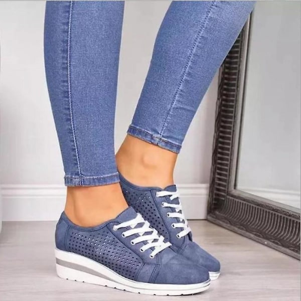 Kvinnor Flat Bling Sneakers, Snörning Komfort Crystal Skor Blue 39