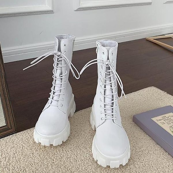 Nya Mid Calf Boots. Kvinnor Höst Vinter Snörning Dragkedja Botas White 40