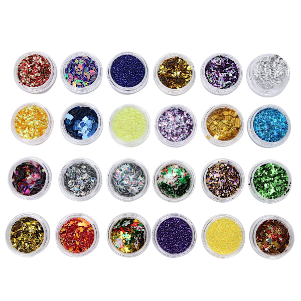 24 Flaskor Nagelglitter Pulver Paljetter Konst DIY Färgglada Flakdekorationer