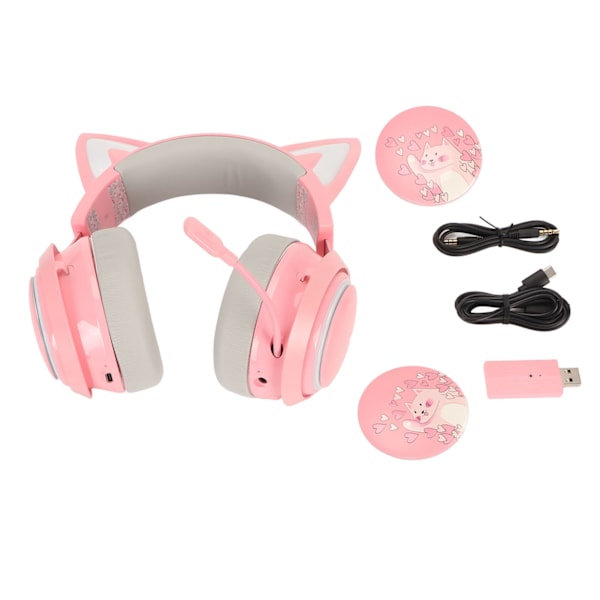 Spelheadset med kattöron, RGB-belysning, Bluetooth, trådlösa hörlurar med infällbart 120 graders roterbart mikrofon för bärbara datorer, PC, rosa
