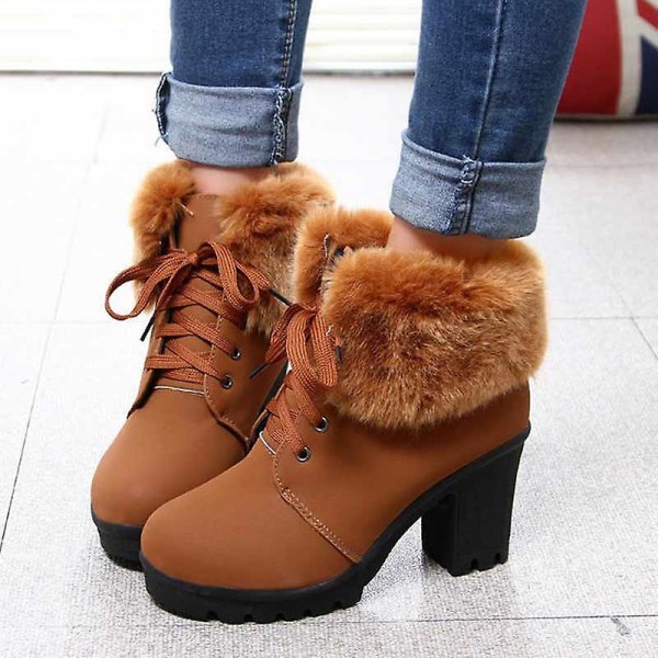 Ankle Women Heels Winter Shoes, Lace-up Snow Boots. Brown 6