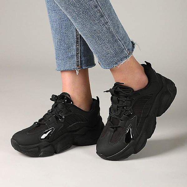 Dam Snörning Tjock Platå Casual Läderskor, Bekväma Promenadskor Black 7.5