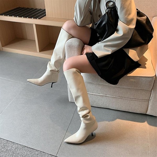 Kvinnor högklackade långa stövlar i äkta läder Beige Synthetic Lin 3
