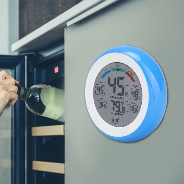Digital LCD Touch Screen Termometer Hygrometer Temperatur Luftfuktighetstemperaturmätare för Hushåll Inomhus Blå