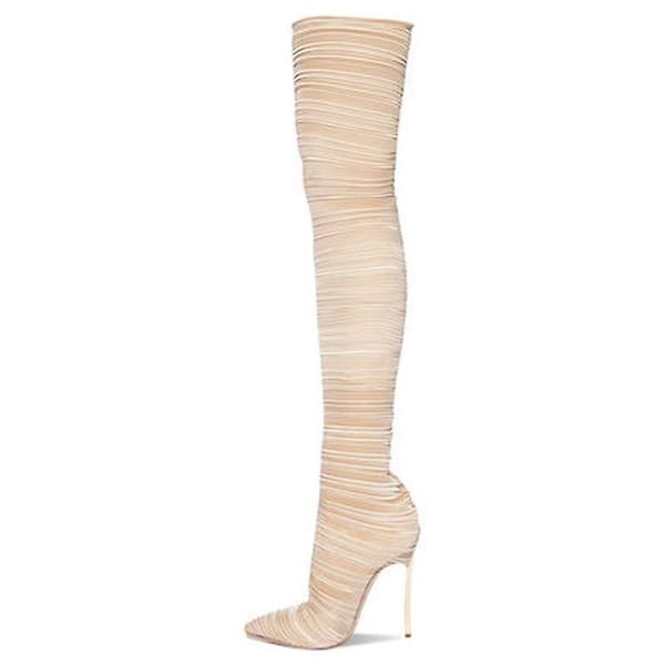 Kvinnor Lår Hög Slip On Elastiskt tyg över Knä Boots Champagne 35