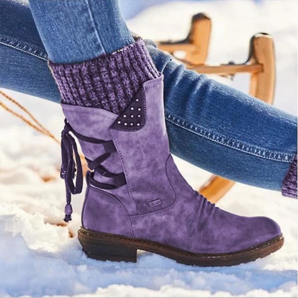 Kvinnor Mid-kalf Boots, Flock vinterskor Purple 8