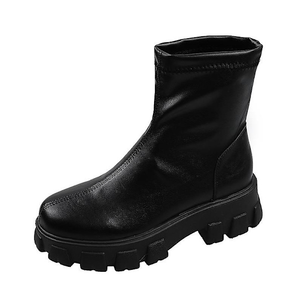 Chunky tjock sula Rund tå Ren färg Shallow Mouth Slip damstövlar 40 / Black-Low-Top
