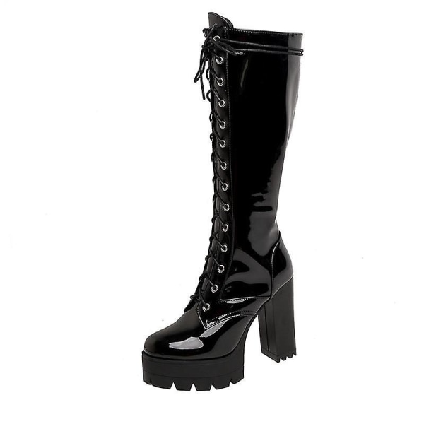 Läder Knähöga, snörning plattform boots för damer black shoes 8