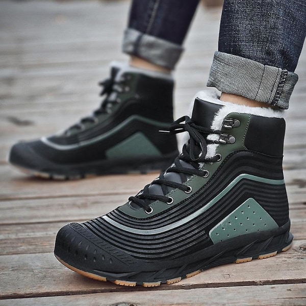 Vintersnöskor för män, vattentäta lädersneakers Black Green 10