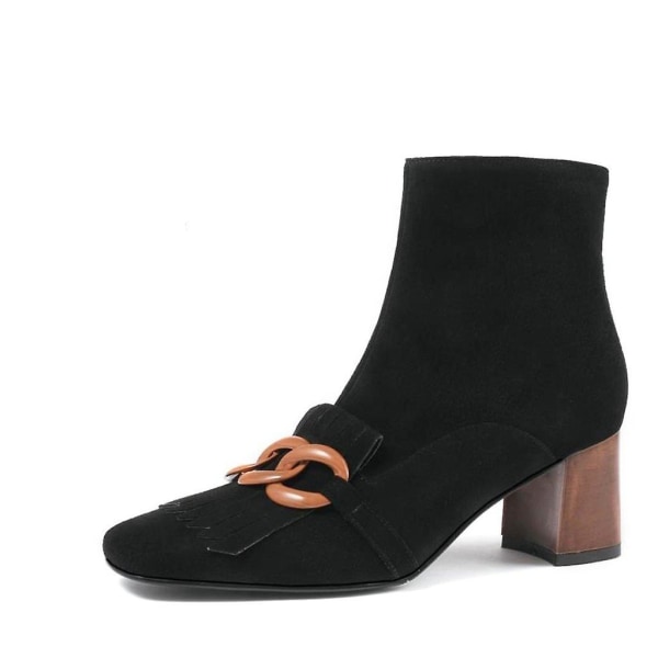 Får Mocka Fringe Ankel Chunky Högklack Fyrkantiga Tofs Boots blackshortplush6cm 4