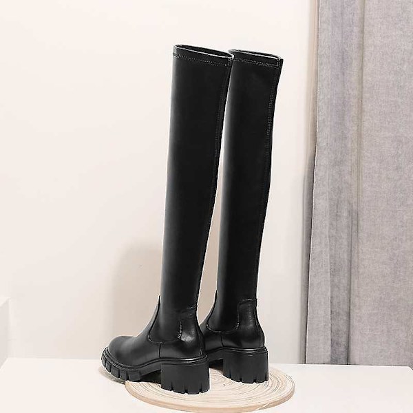 Winter Warm- Cow Leather Stretch, Rund Tå över knä, Stövlar med höga klackar 8.5 / black sheep suede