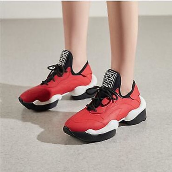 Sneakers i äkta läder för kvinnor, sko med tåkorsrem Red 6