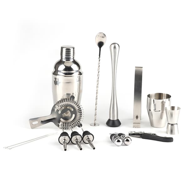 Cocktail Shaker Set med Träställ, Rostfritt Stål, Sil, Jigger, Muddler, Sked, Bartender Kit
