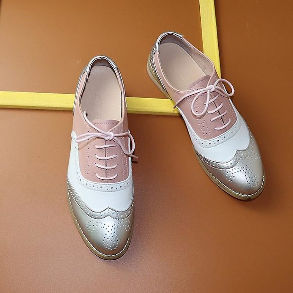 Dam Flats Oxfords Äkta Läder Sneakers - Silver Vit Rosa 9