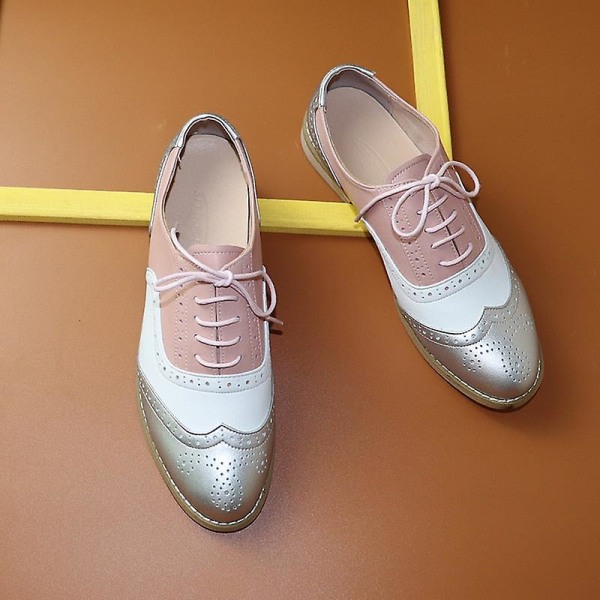 Women's Flats Oxfords Sneakers i äkta läder - Silver Vit Rosa 6.5