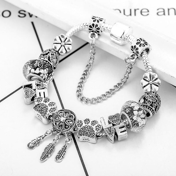 Bear Palm Dreamcatcher Feather Charm Armband Set-3 Silver Color 27 21cm